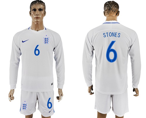 England #6 Stones Home Long Sleeves Soccer Country Jersey